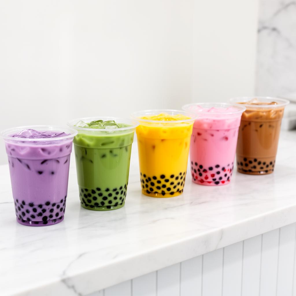 Assortment of colorful bubble tea drinks